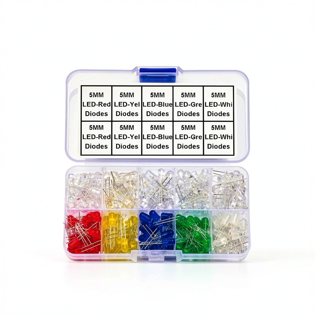 'Assorted 5mm LED diode lights arranged by color on a circuit board'